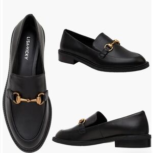 LISAVICKY Black Leather Gold-Accented Loafers